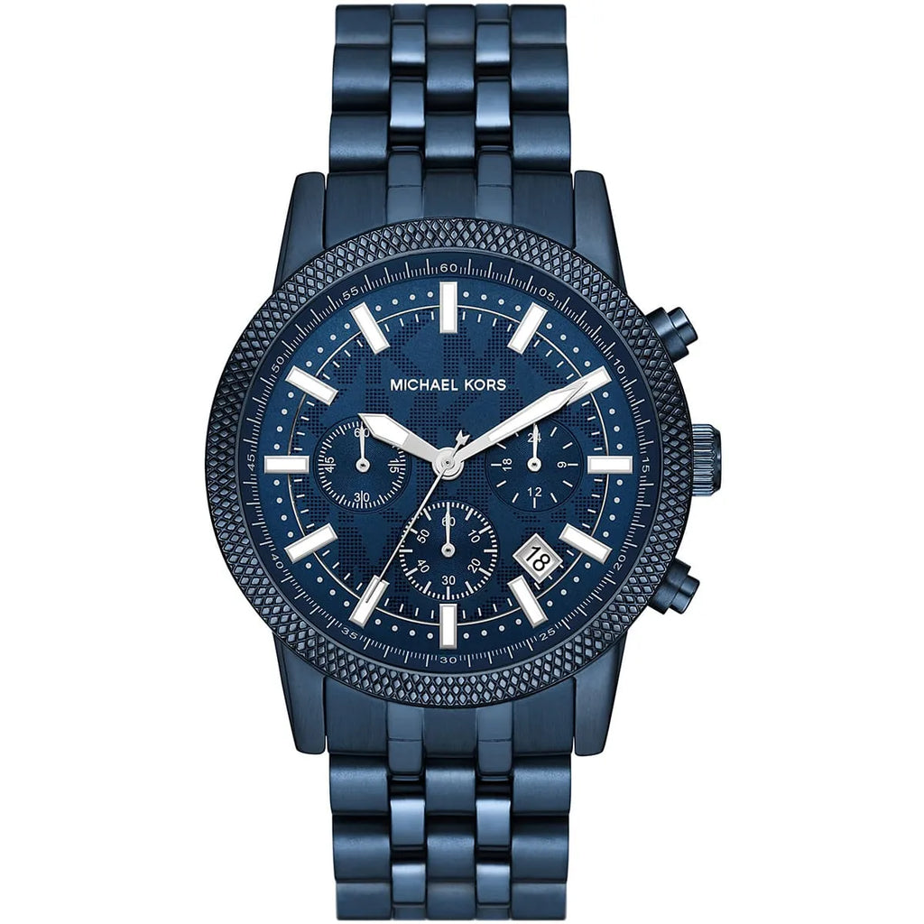 Michael Kors Hutton MK9088 43mm Men's Chronograph Watch – Navy Blue Textured & Navy Blue Stainless Steel Bracelet
