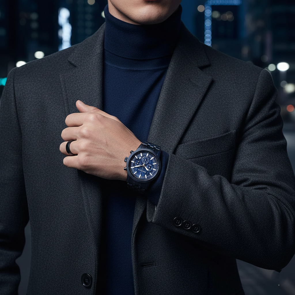 Michael Kors Hutton MK9088 43mm Men's Chronograph Watch – Navy Blue Textured & Navy Blue Stainless Steel Bracelet