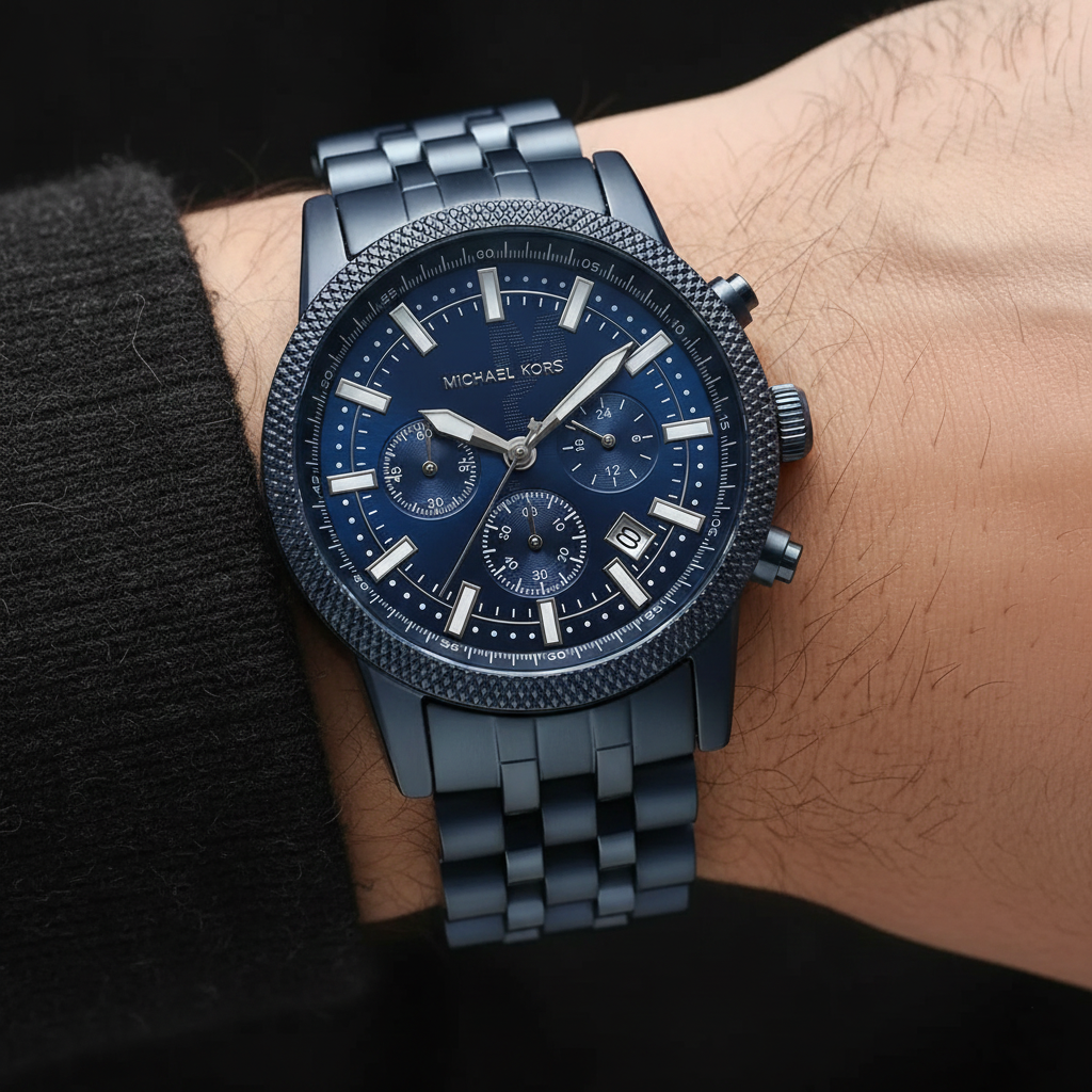 Michael Kors Hutton MK9088 43mm Men's Chronograph Watch – Navy Blue Textured & Navy Blue Stainless Steel Bracelet