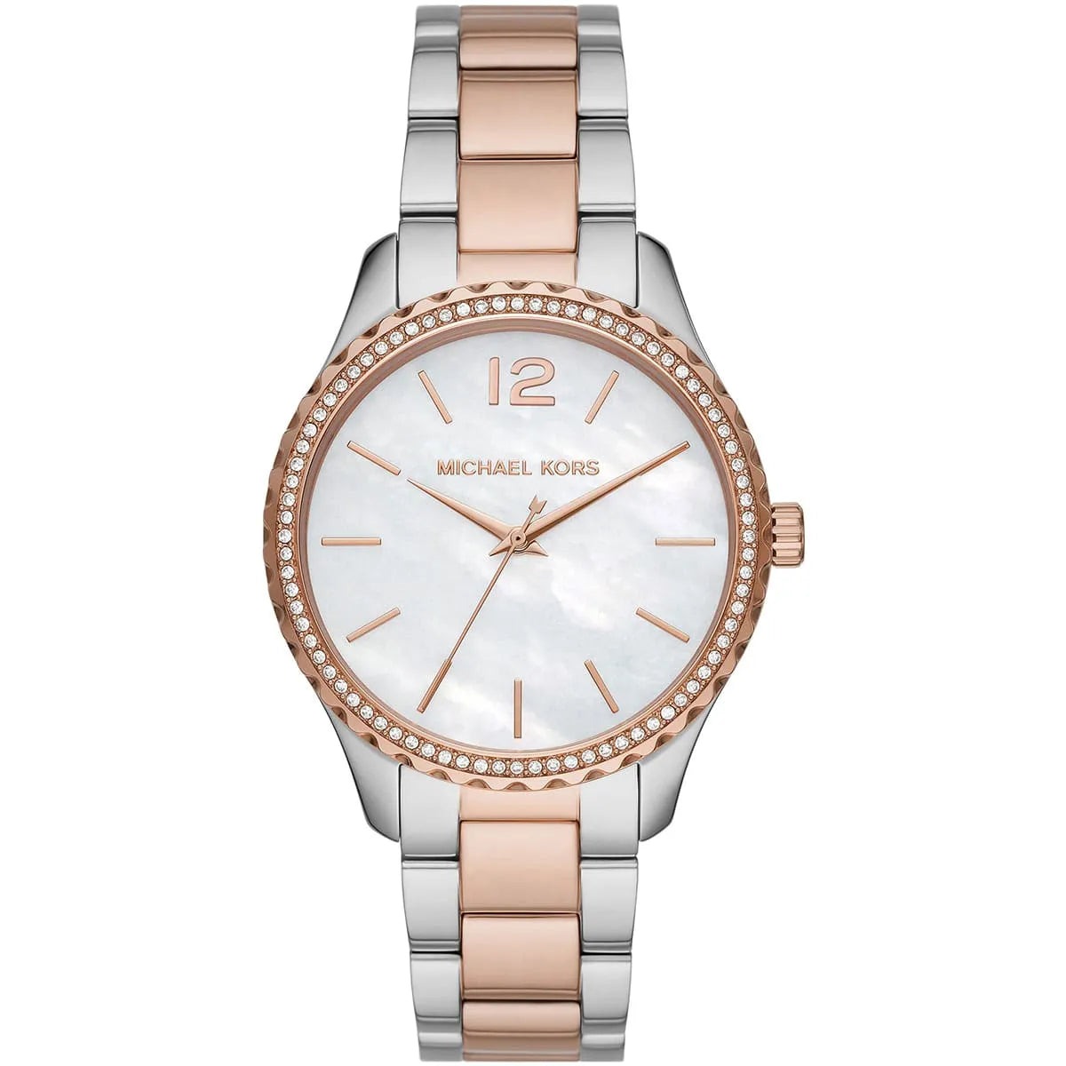 Michael Kors Layton MK6849 38mm Women's Quartz Watch – Mother Of Pearl with Two-Tone Genuine Leather Strap