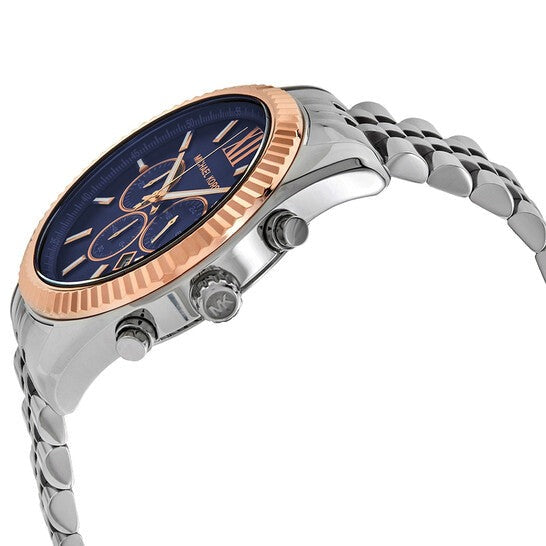 Michael Kors Lexington MK8689 44mm Men's Chronograph Watch – Navy Blue Sunray & Silver Stainless Steel Bracelet