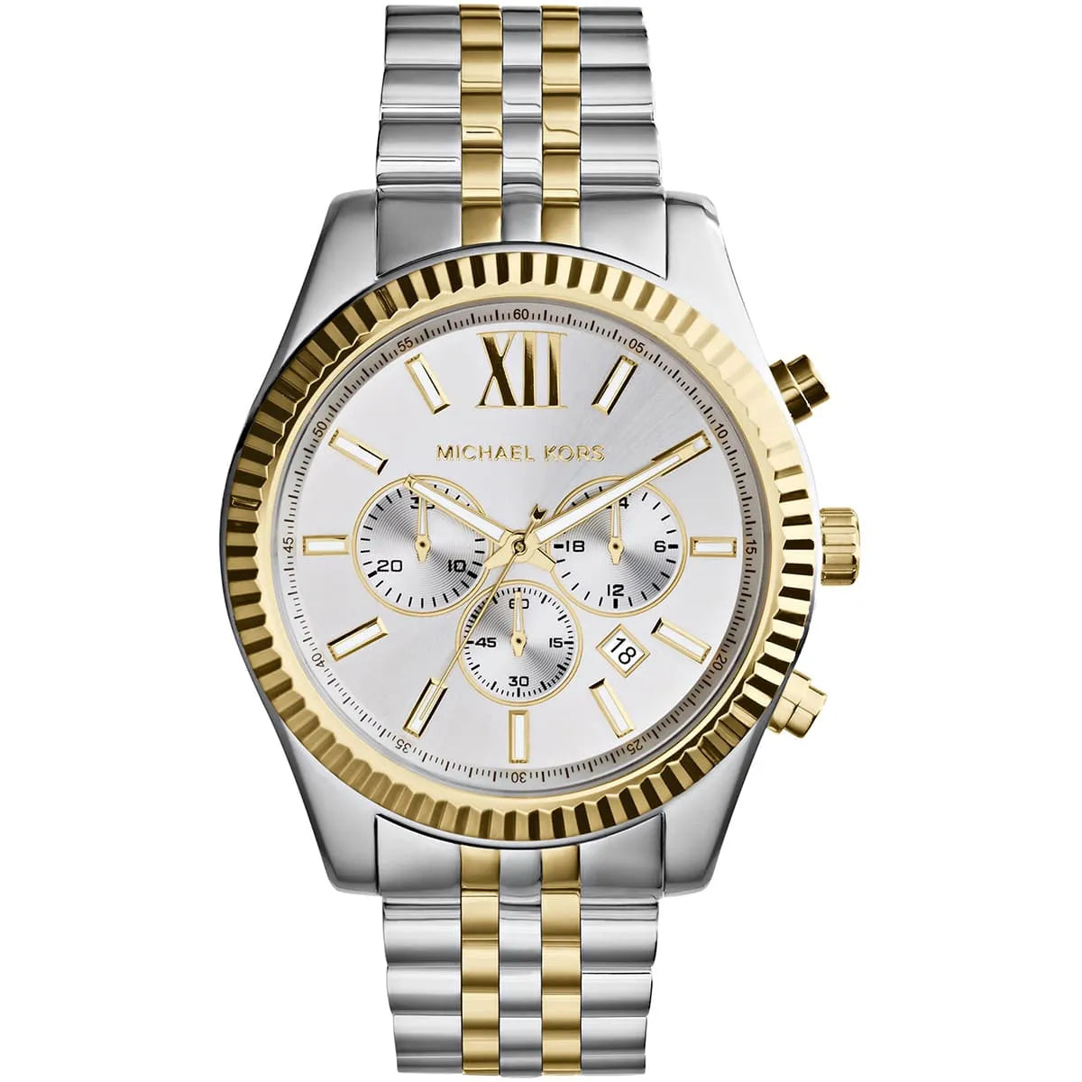 Michael Kors Lexington MK8344 45mm Men's Chronograph Watch – Silver & Two-Tone Silver and Gold Stainless Steel Bracelet