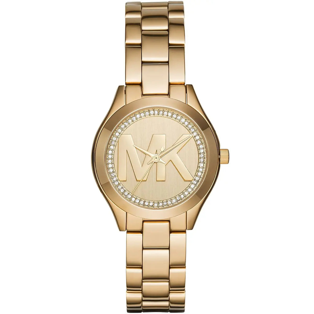 Michael Kors Slim Runway MK3477 33mm Women's Quartz Watch – Pavé Gold with Gold Stainless Steel Bracelet