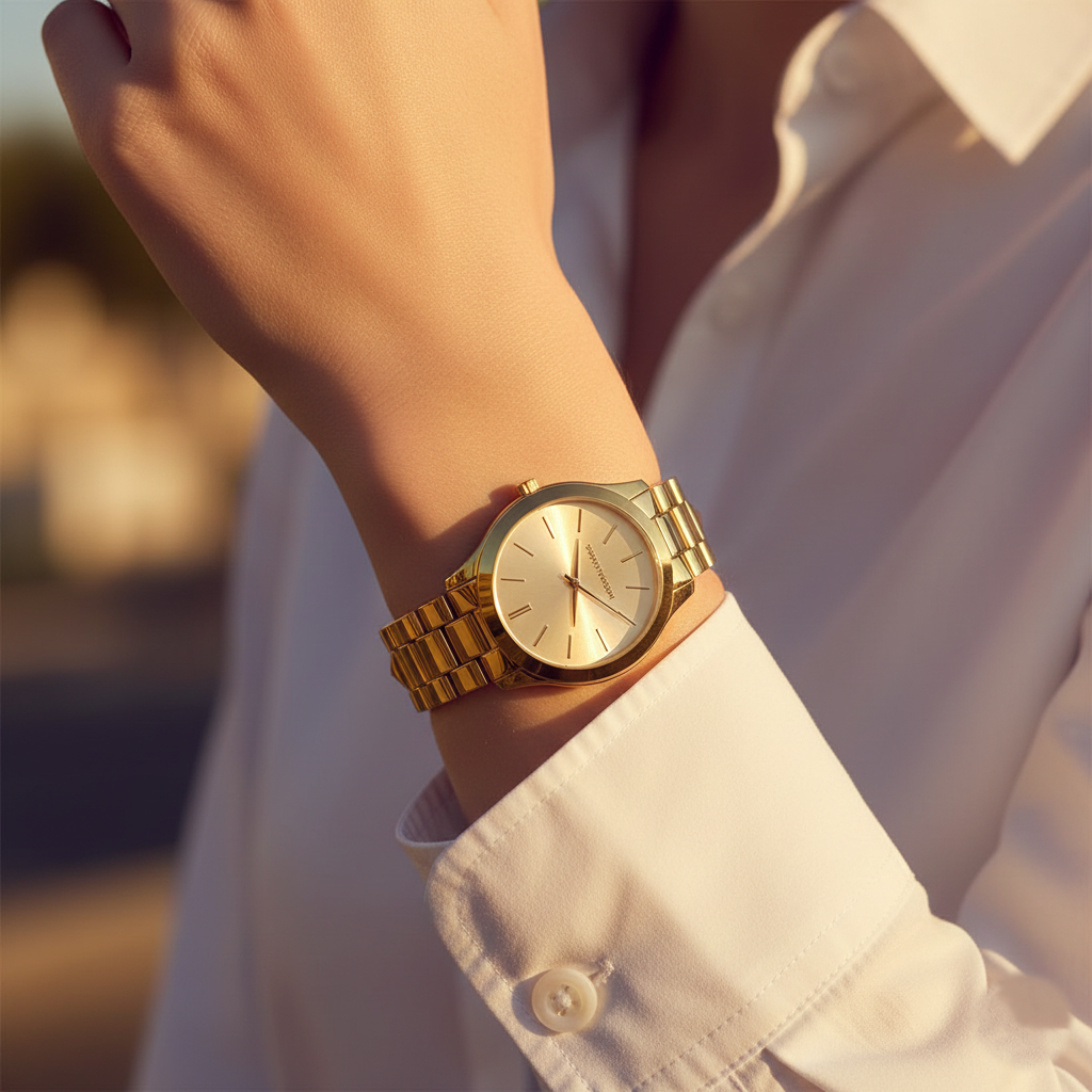Michael Kors Slim Runway MK3179 42mm Women's Quartz Watch – Sunray Gold with Gold Genuine Leather Strap