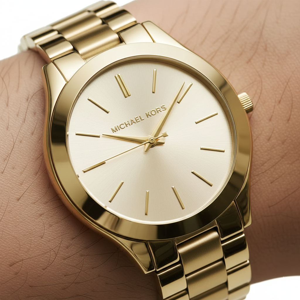 Michael Kors Slim Runway MK3179 42mm Women's Quartz Watch – Sunray Gold with Gold Genuine Leather Strap