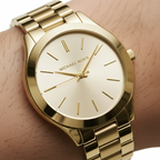 Michael Kors Slim Runway MK3179 42mm Women's Quartz Watch – Sunray Gold with Gold Genuine Leather Strap