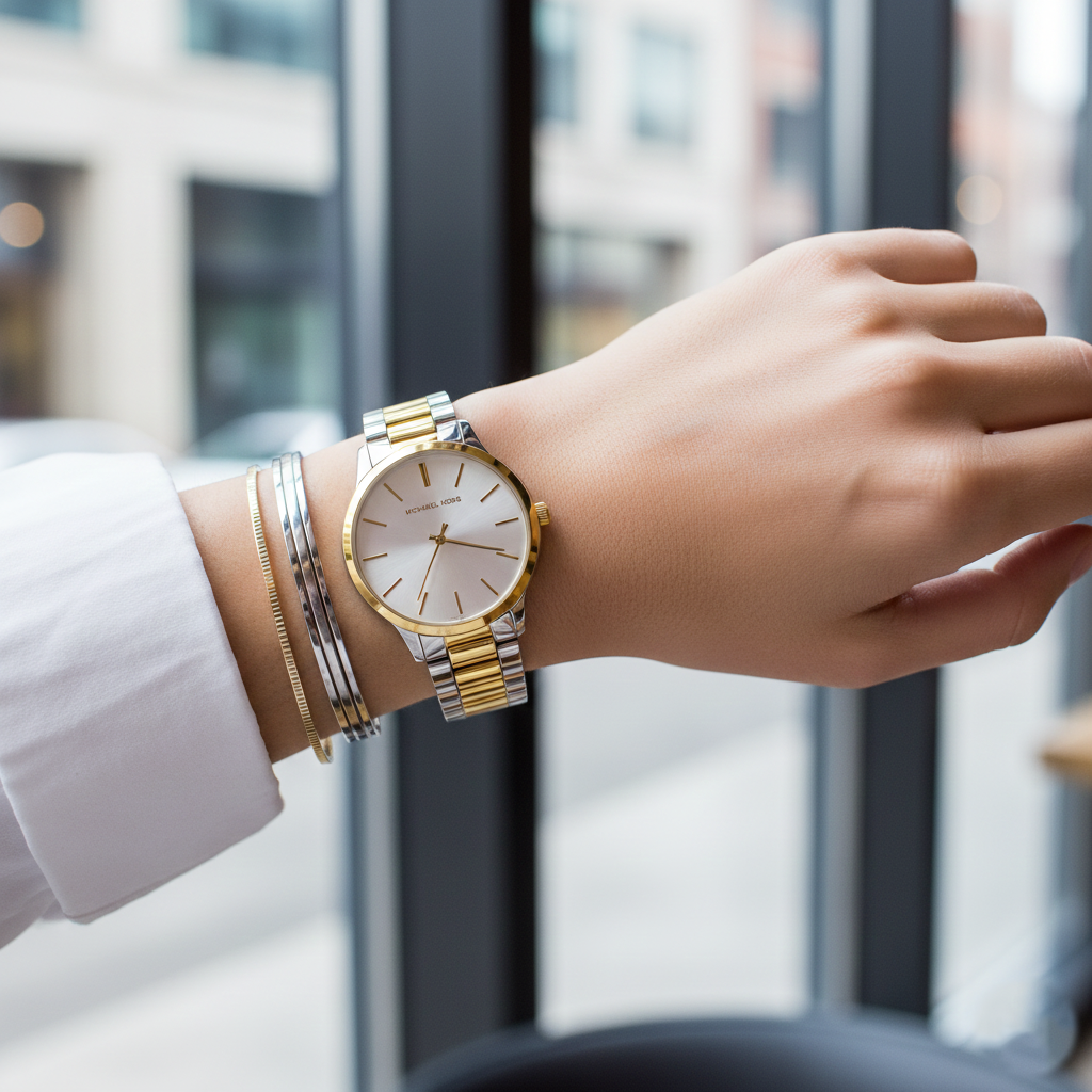 Michael Kors Slim Runway MK3198 42mm Women's Quartz Watch – White with Black Genuine Leather Strap