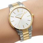 Michael Kors Slim Runway MK3198 42mm Women's Quartz Watch – White with Black Genuine Leather Strap
