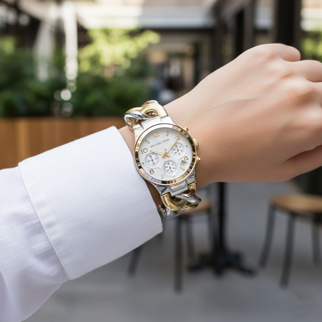 Michael Kors Runway Twist MK3199 38mm Women's Chronograph Watch – White with Two-Tone Chain-Link Bracelet
