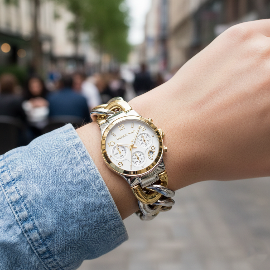 Michael Kors Runway Twist MK3199 38mm Women's Chronograph Watch – White with Two-Tone Chain-Link Bracelet