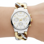 Michael Kors Runway Twist MK3199 38mm Women's Chronograph Watch – White with Two-Tone Chain-Link Bracelet
