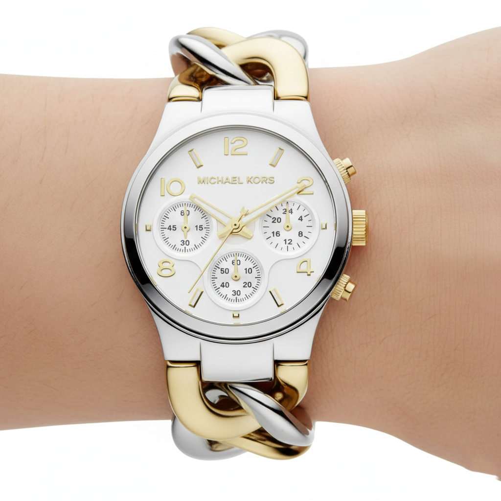 Michael Kors Runway Twist MK3199 38mm Women's Chronograph Watch – White with Two-Tone Chain-Link Bracelet