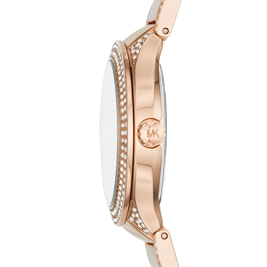 Michael Kors Kerry MK3443 33mm Women's Quartz Watch – Mother-of-Pearl Rose Gold with White Stainless Steel Bracelet