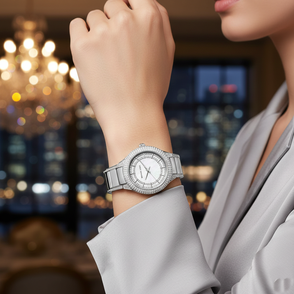Michael Kors Sylvia MK4657 34mm Women's Quartz Watch – Mother-of-Pearl White with Silver Stainless Steel Bracelet