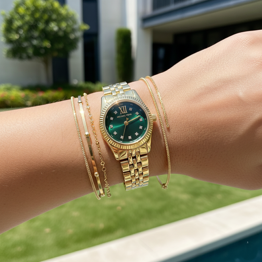 Michael Kors Lexington MK4842 26mm Women's Quartz Watch – Sunray Emerald Green with Gold Stainless Steel Bracelet