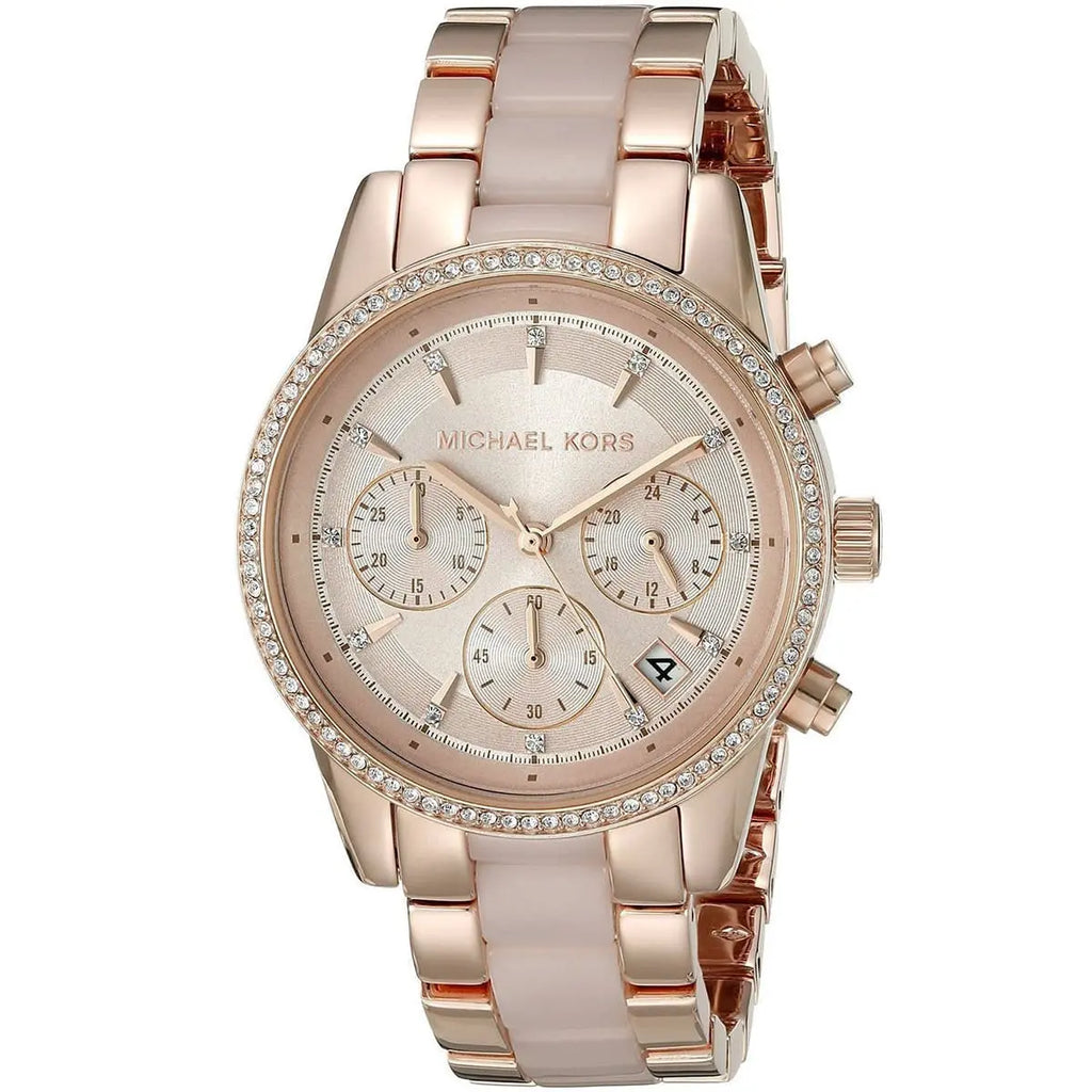 Michael Kors Ritz MK6307 37mm Women's Chronograph Watch – Sunray Rose Gold with Rose Gold Genuine Leather Strap