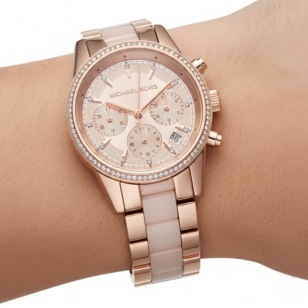 Michael Kors Ritz MK6307 37mm Women's Chronograph Watch – Sunray Rose Gold with Rose Gold Genuine Leather Strap