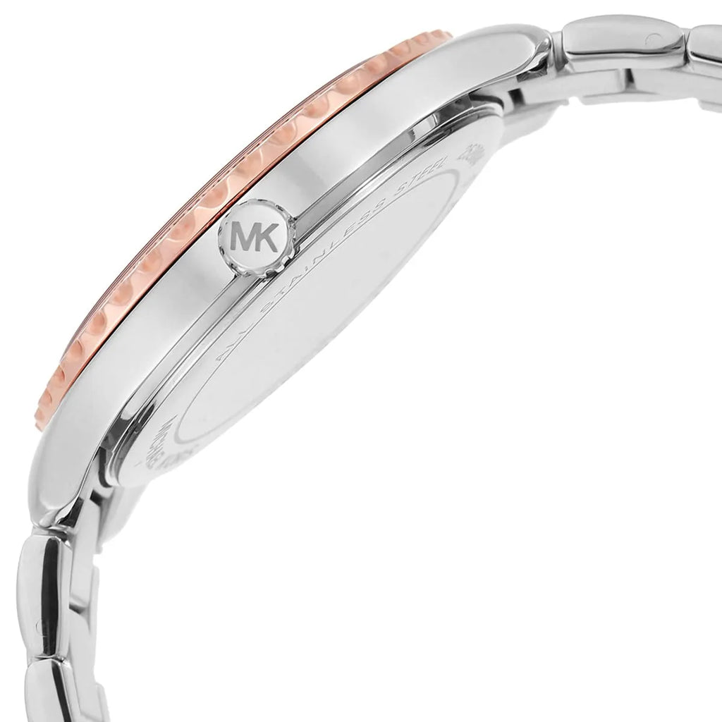 Michael Kors Layton MK6849 38mm Women's Quartz Watch – Mother Of Pearl with Two-Tone Genuine Leather Strap