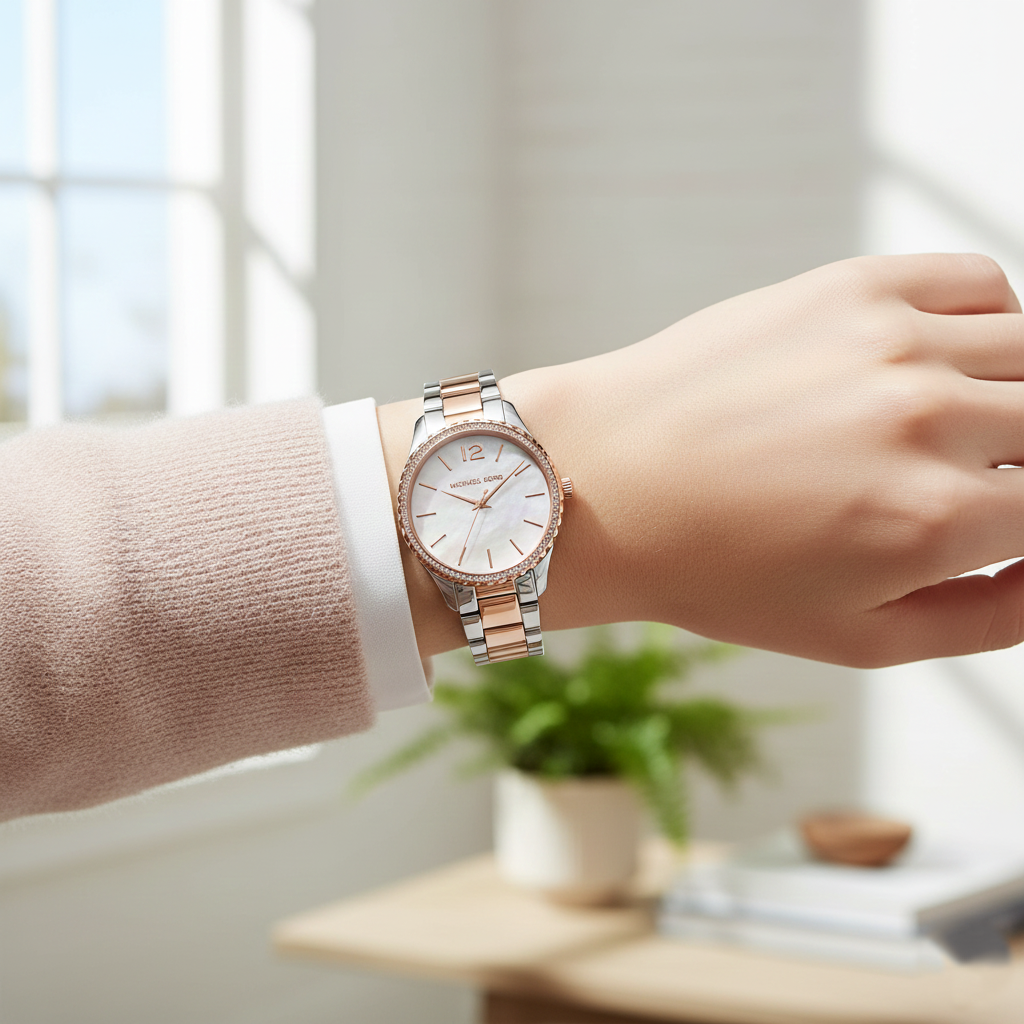 Michael Kors Layton MK6849 38mm Women's Quartz Watch – Mother Of Pearl with Two-Tone Genuine Leather Strap