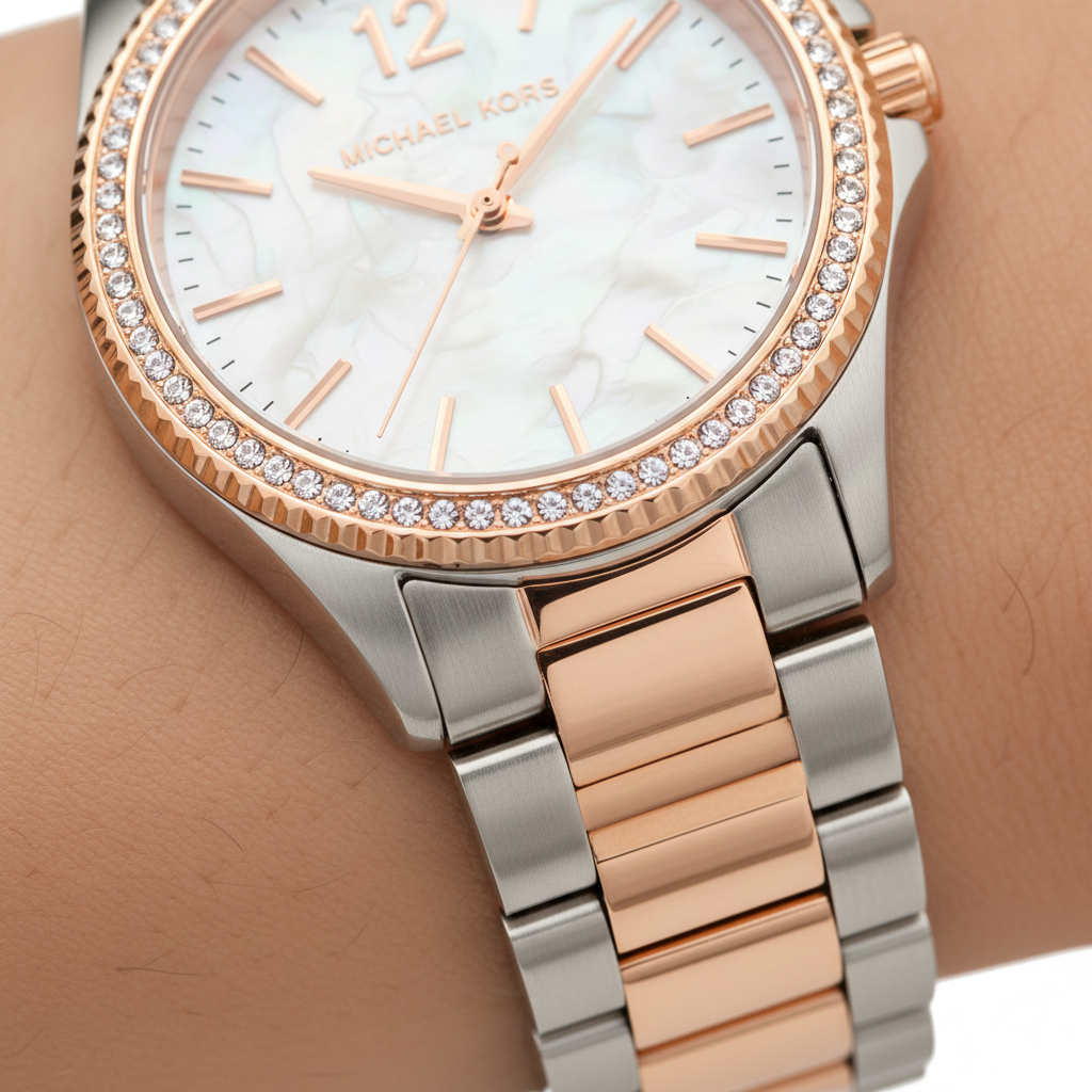 Michael Kors Layton MK6849 38mm Women's Quartz Watch – Mother Of Pearl with Two-Tone Genuine Leather Strap