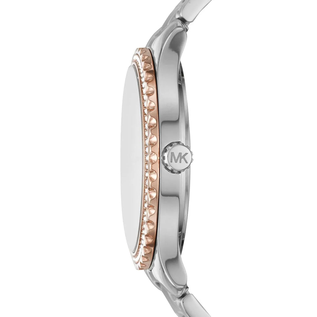 Michael Kors Layton MK6849 38mm Women's Quartz Watch – Mother Of Pearl with Two-Tone Genuine Leather Strap