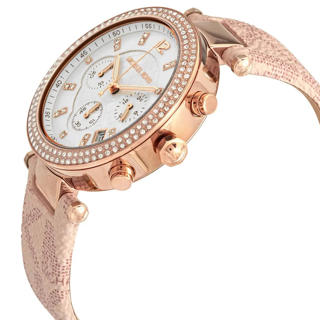 Michael Kors Parker MK6935 39mm Women's Chronograph Watch – Pavé Rose Gold with Pink Silicone Strap