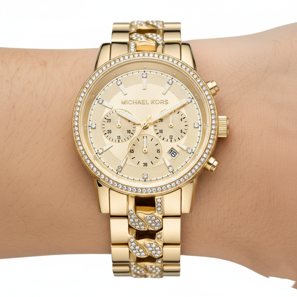 Michael Kors Ritz MK6937 37mm Women's Chronograph Watch – Sunray Gold with Gold Stainless Steel Bracelet