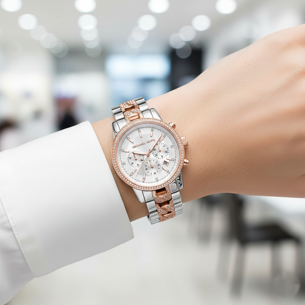 Michael Kors Ritz MK6938 37mm Women's Chronograph Watch – Sunray Rose Gold with Rose Gold Stainless Steel Bracelet