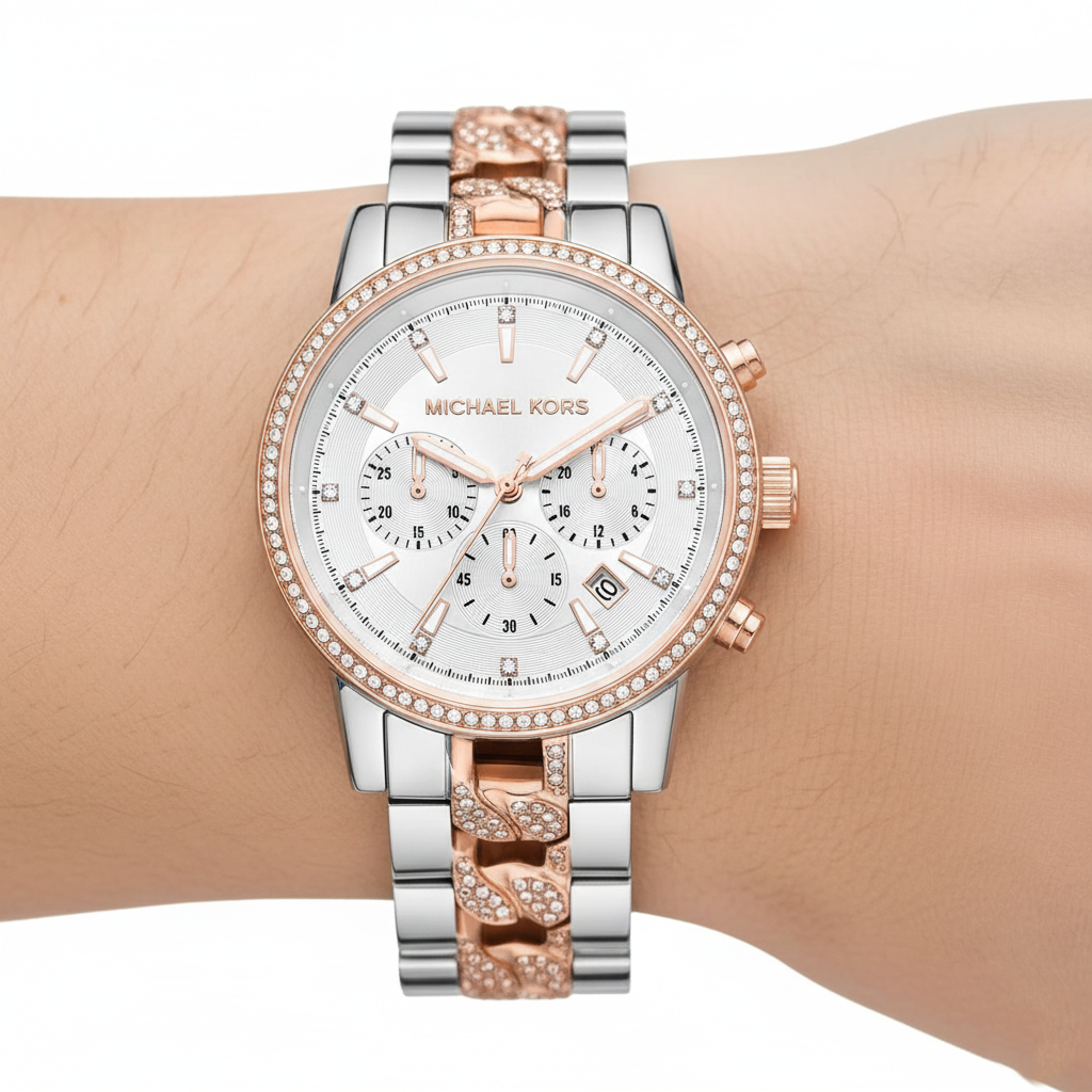 Michael Kors Ritz MK6938 37mm Women's Chronograph Watch – Sunray Rose Gold with Rose Gold Stainless Steel Bracelet