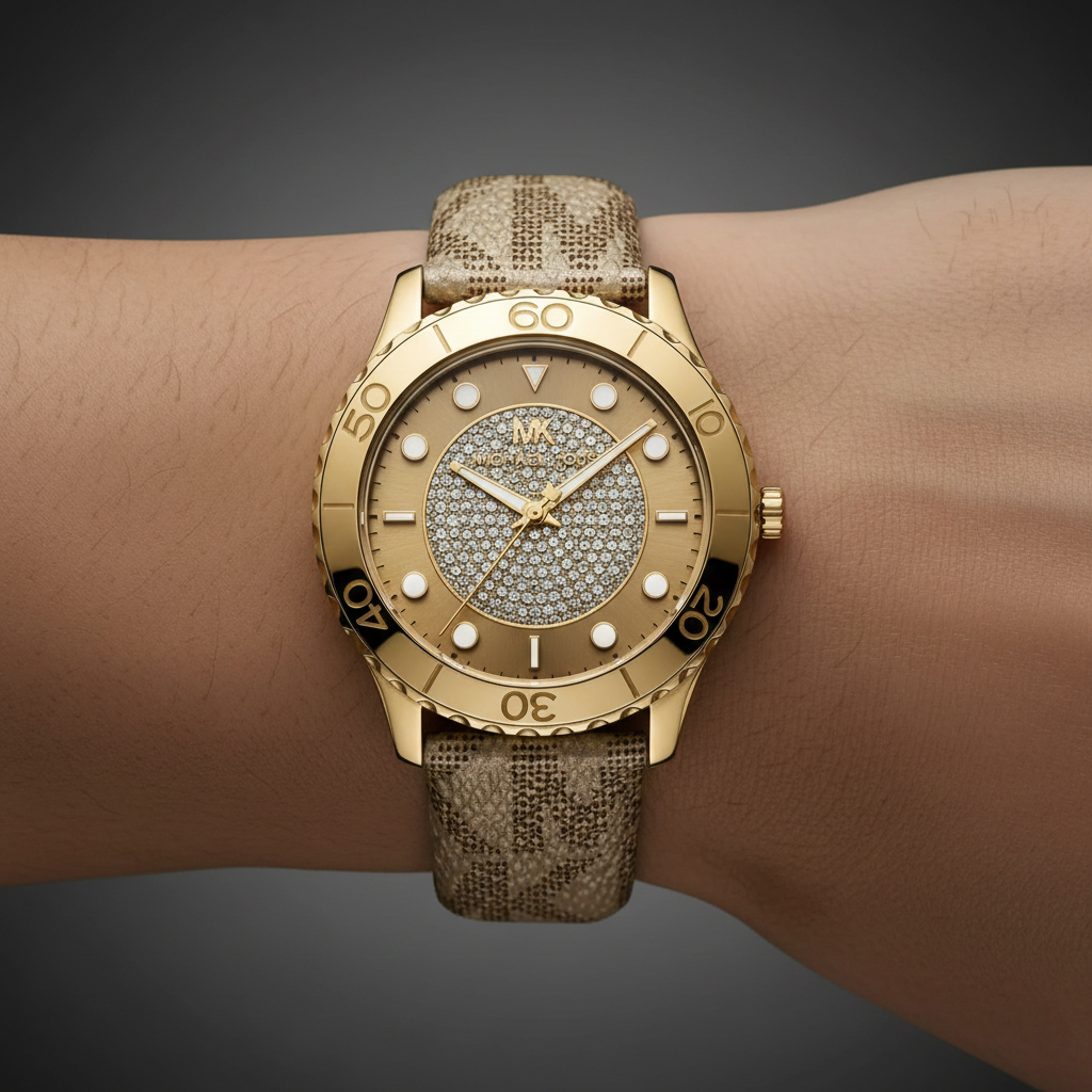 Michael Kors Runway MK6999 40mm Women's Quartz Watch – Pavé Gold with Gold Silicone Strap