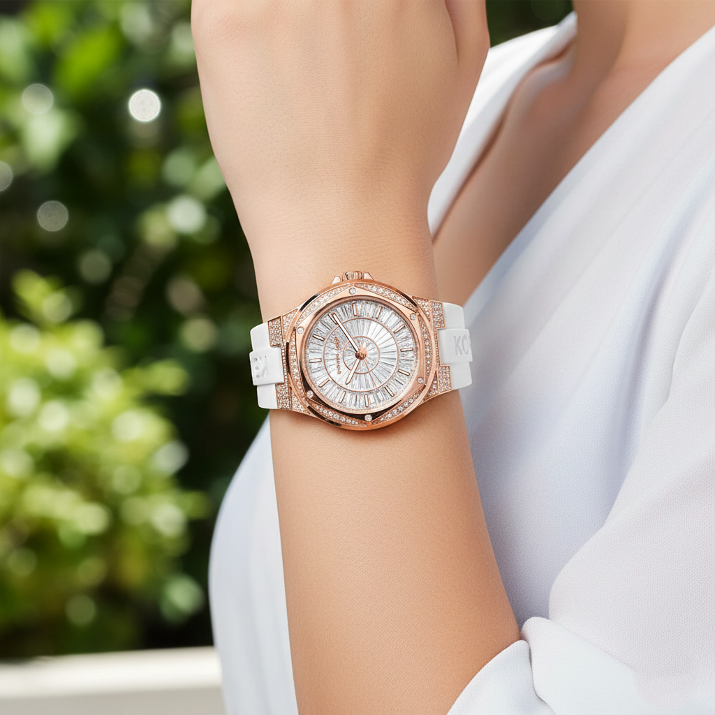 Michael Kors Camille MK7248 33mm Women's Quartz Watch – Sunray Rose Gold with Rose Gold Silicone Strap
