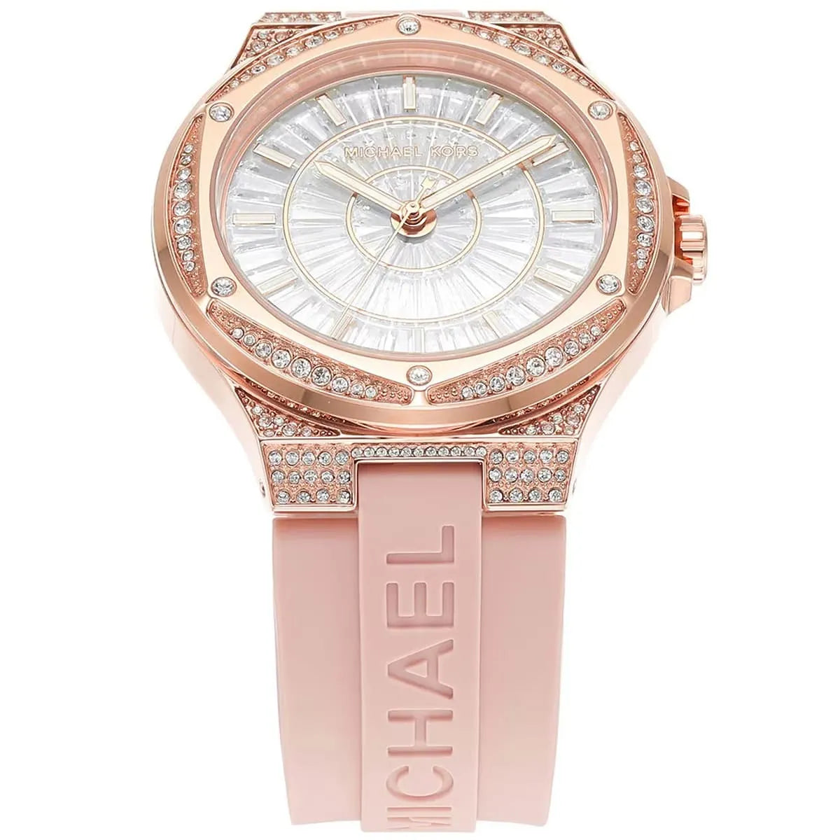 Michael Kors Camille MK7334 33mm Women's Quartz Watch – Pavé Rose Gold with Rose Gold Silicone Strap