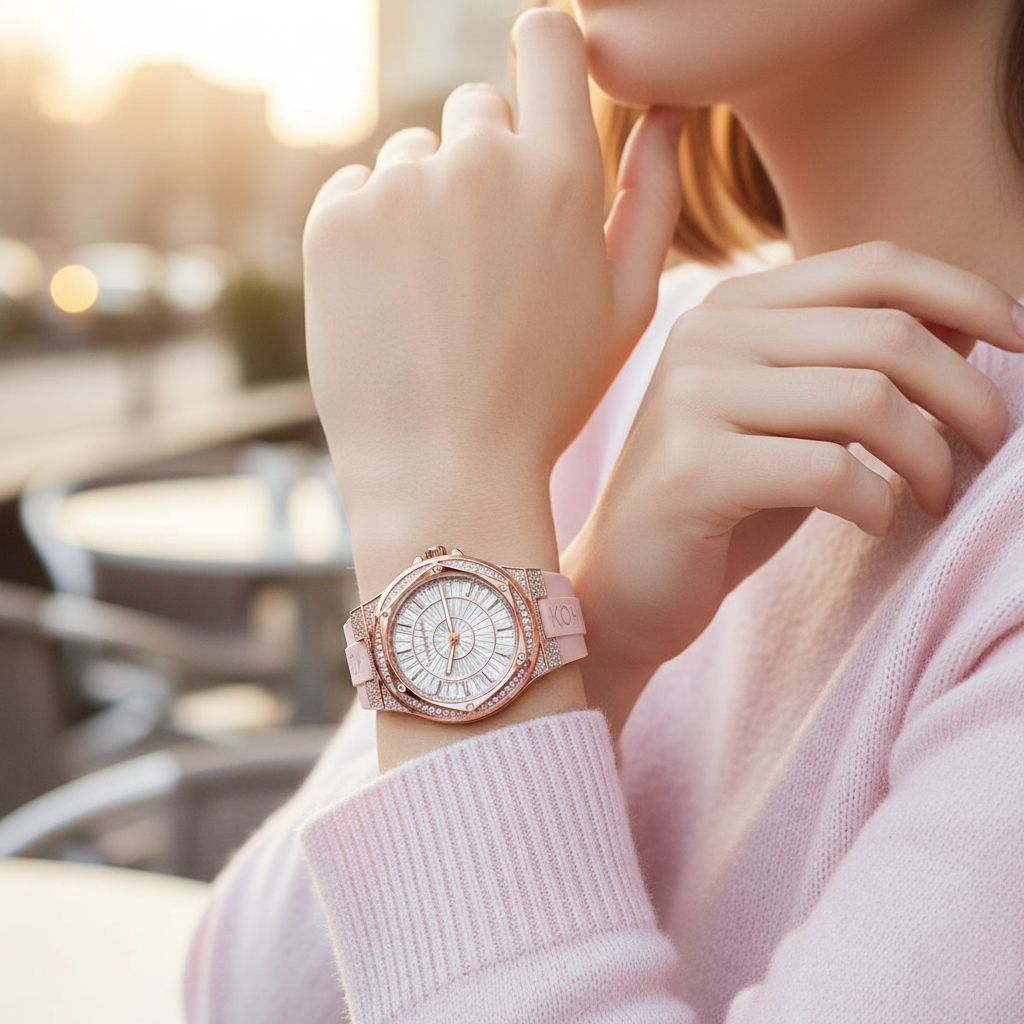 Michael Kors Camille MK7334 33mm Women's Quartz Watch – Pavé Rose Gold with Rose Gold Silicone Strap