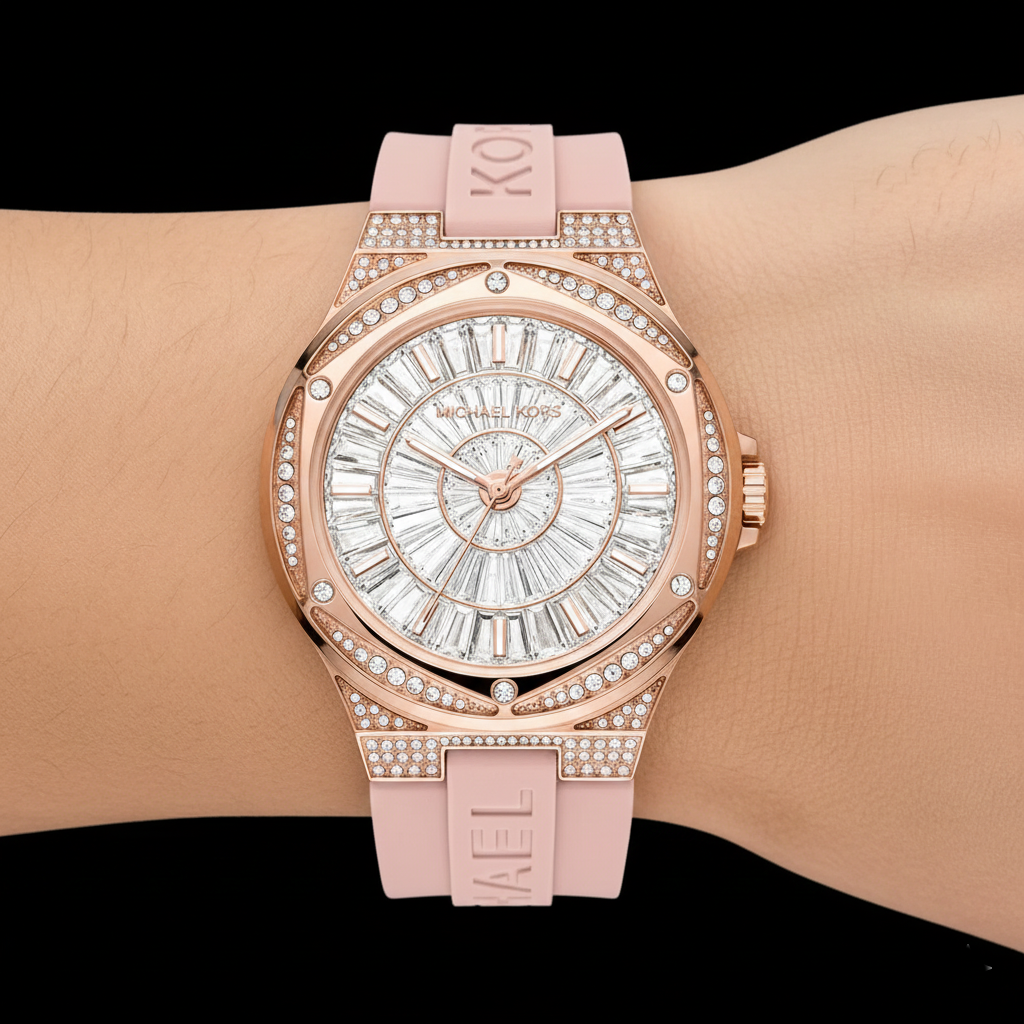 Michael Kors Camille MK7334 33mm Women's Quartz Watch – Pavé Rose Gold with Rose Gold Silicone Strap