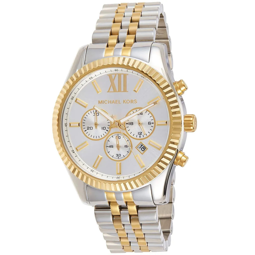Michael Kors Lexington MK8344 45mm Men's Chronograph Watch – Silver & Two-Tone Silver and Gold Stainless Steel Bracelet