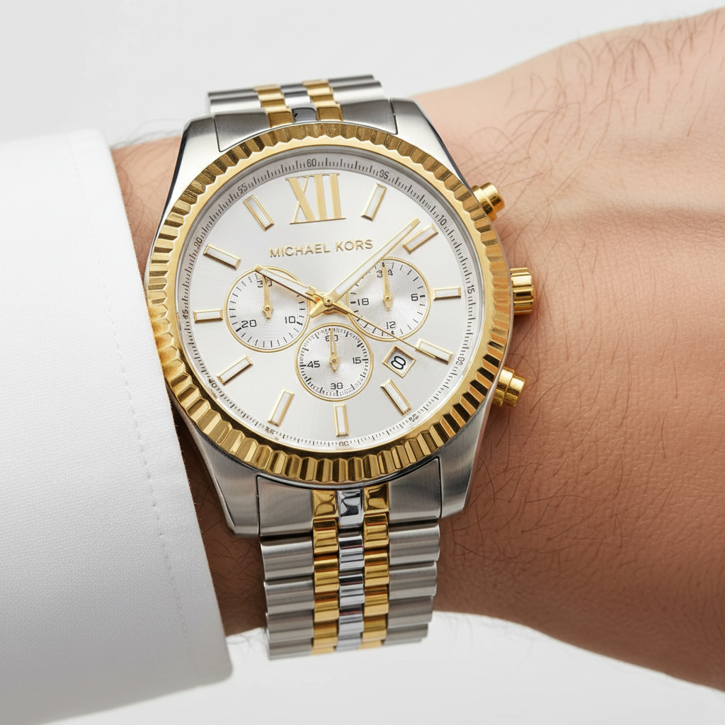 Michael Kors Lexington MK8344 45mm Men's Chronograph Watch – Silver & Two-Tone Silver and Gold Stainless Steel Bracelet