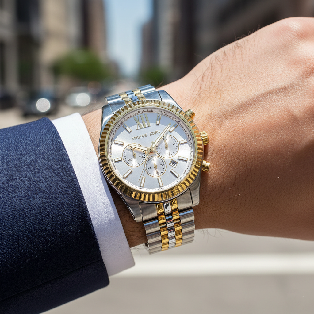 Michael Kors Lexington MK8344 45mm Men's Chronograph Watch – Silver & Two-Tone Silver and Gold Stainless Steel Bracelet