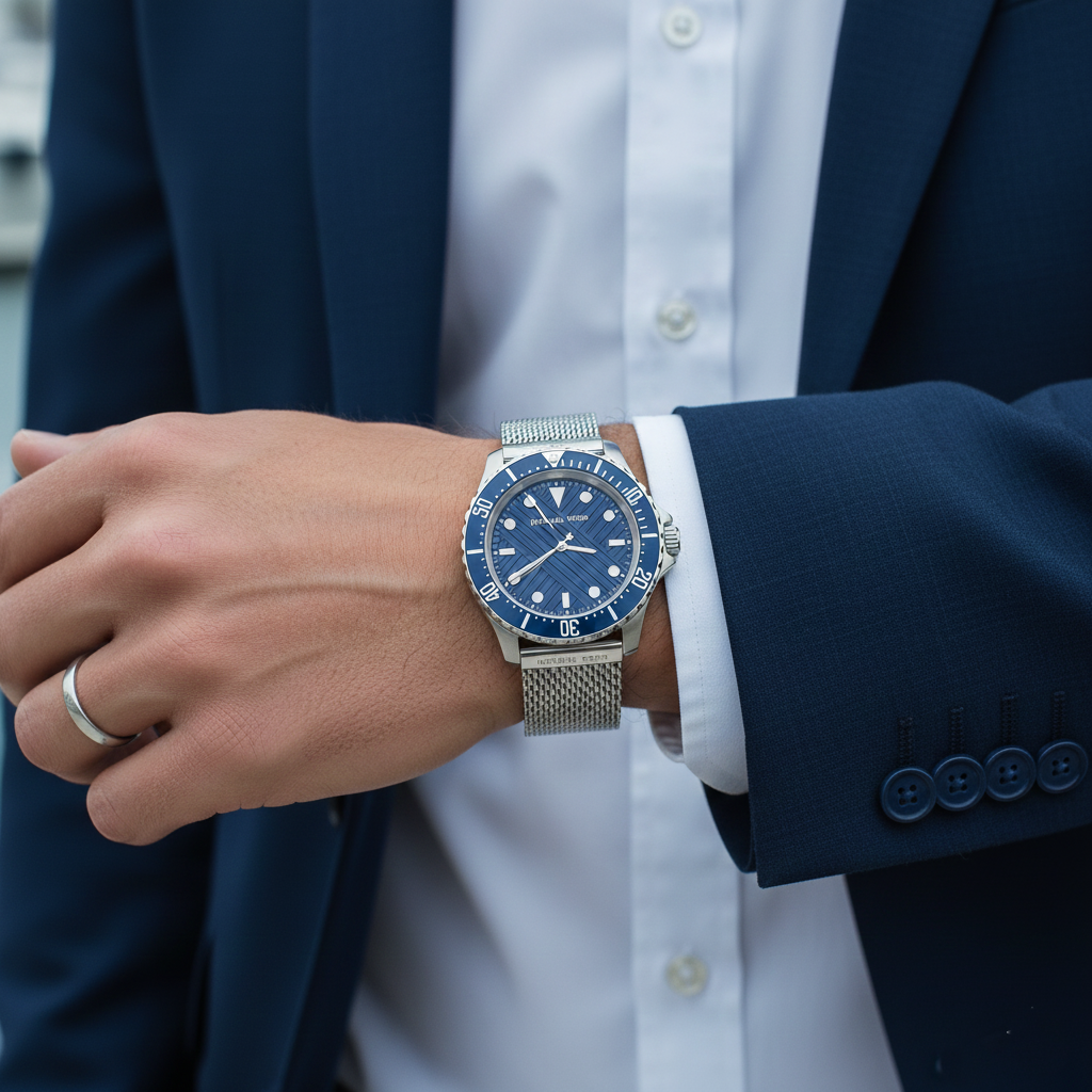 Michael Kors Everest MK9082 43mm Men's Quartz Watch – Navy Blue Textured & Silver Stainless Steel Mesh Bracelet