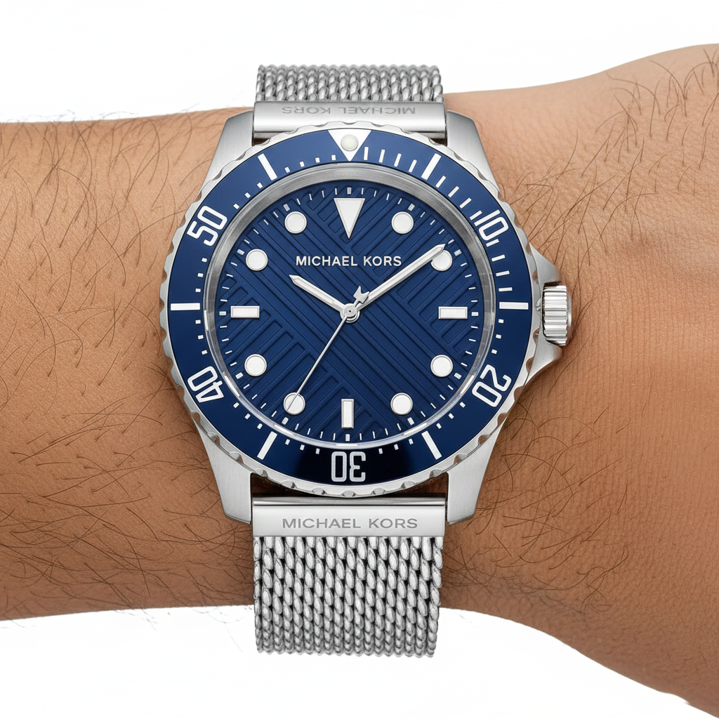 Michael Kors Everest MK9082 43mm Men's Quartz Watch – Navy Blue Textured & Silver Stainless Steel Mesh Bracelet