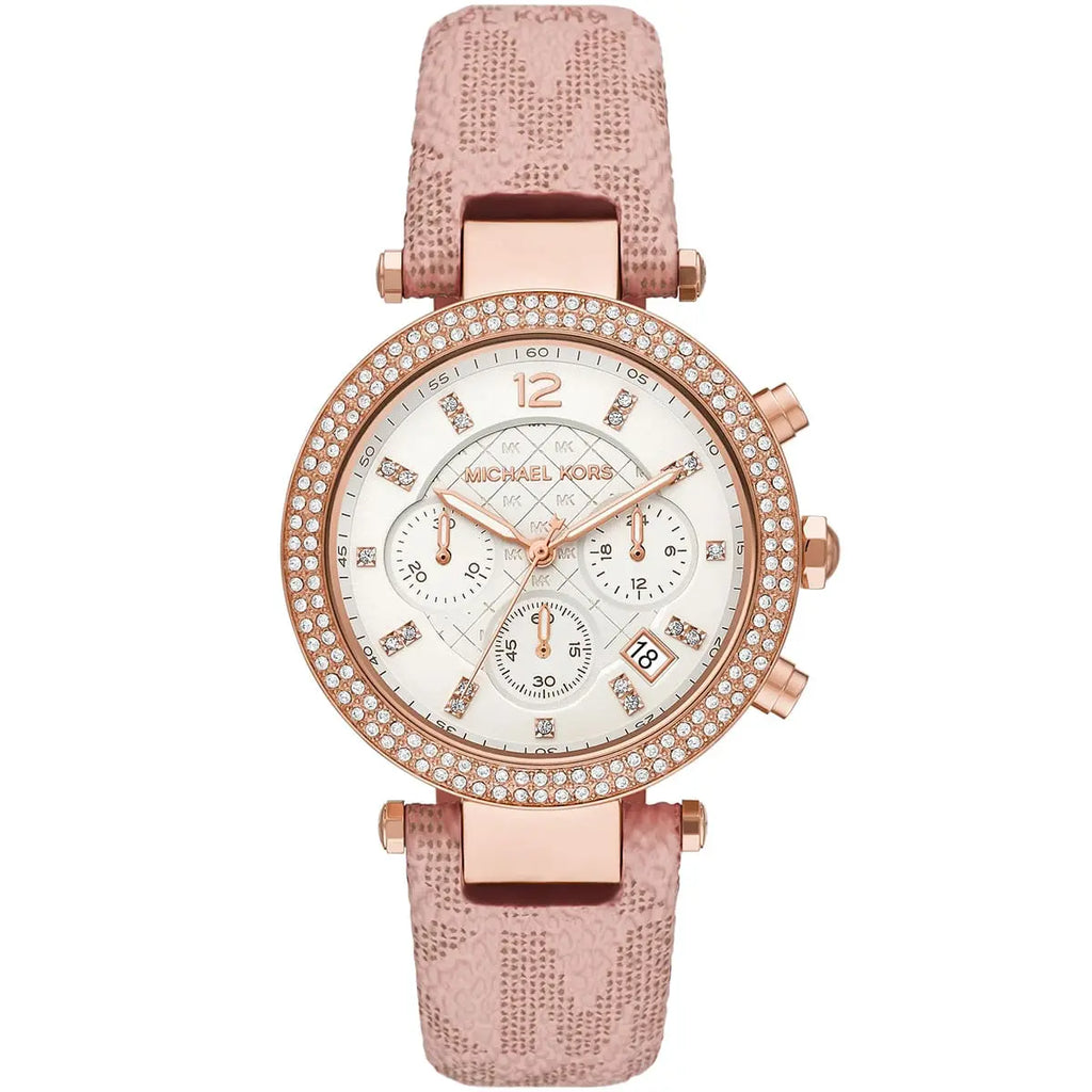 Michael Kors Parker MK6935 39mm Women's Chronograph Watch – Pavé Rose Gold with Pink Silicone Strap