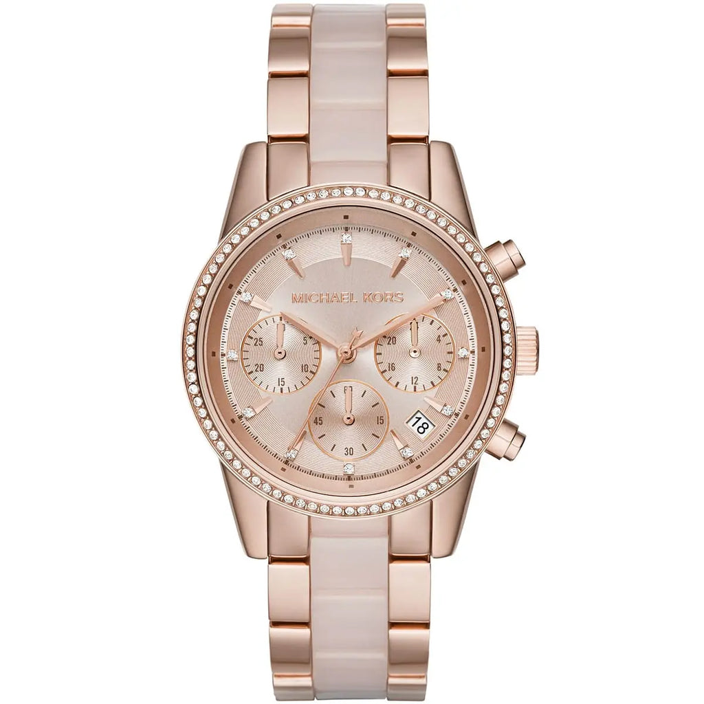 Michael Kors Ritz MK6307 37mm Women's Chronograph Watch – Sunray Rose Gold with Rose Gold Genuine Leather Strap