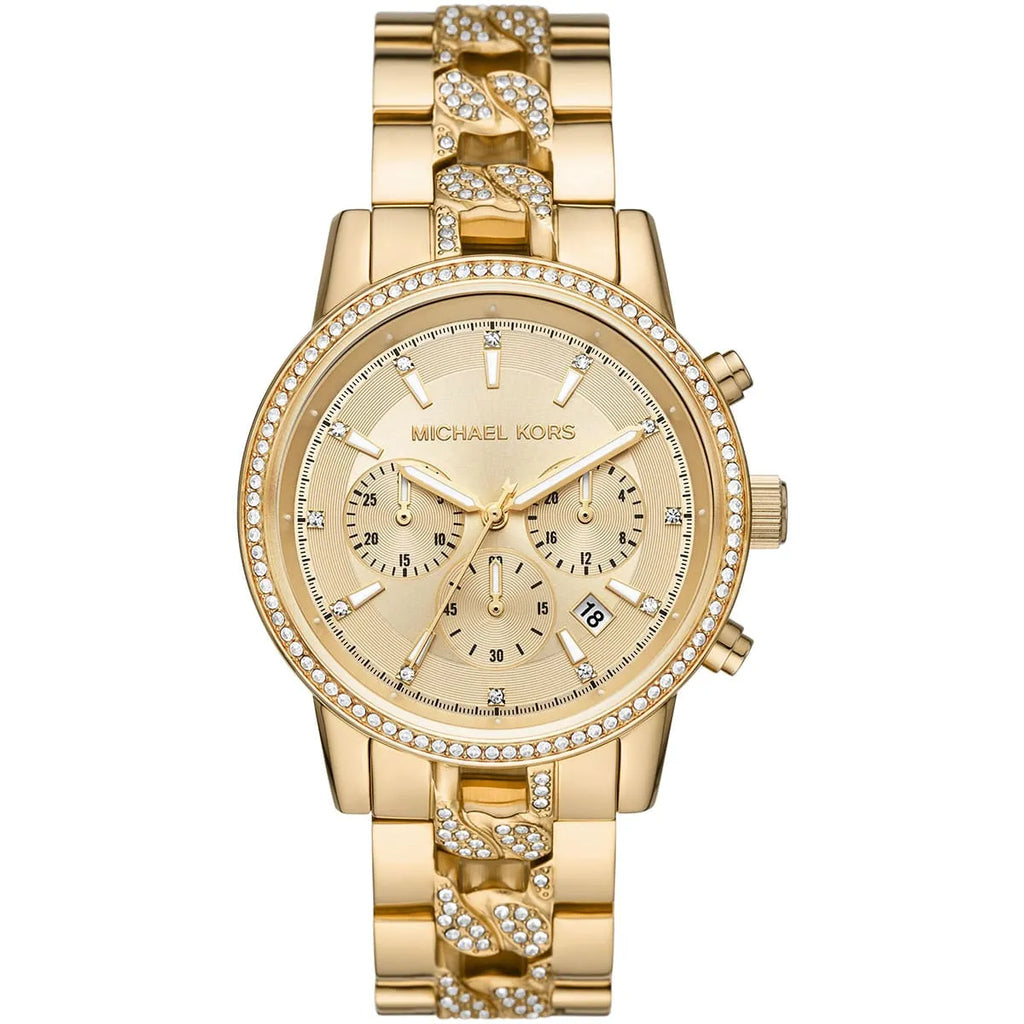 Michael Kors Ritz MK6937 37mm Women's Chronograph Watch – Sunray Gold with Gold Stainless Steel Bracelet