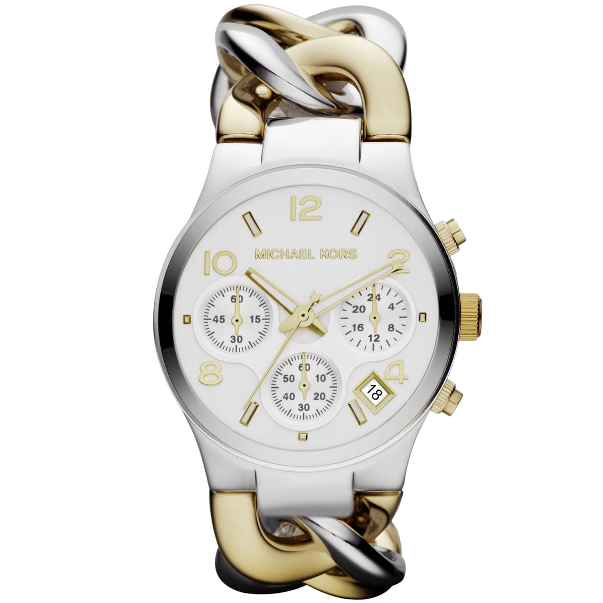 Michael Kors Runway Twist MK3199 38mm Women's Chronograph Watch – White with Two-Tone Chain-Link Bracelet