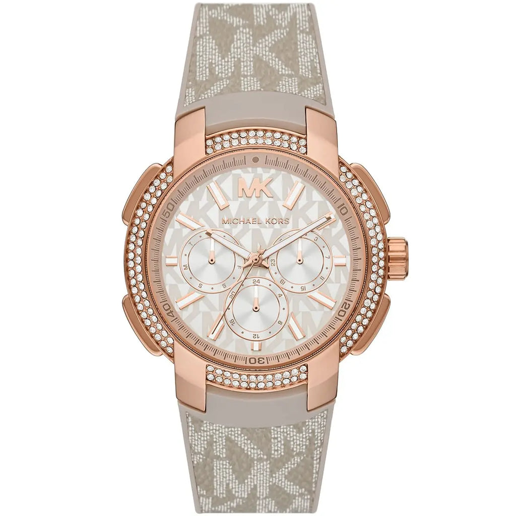 Michael Kors Sidney MK6949 38mm Women's Chronograph Watch – Pavé Rose Gold with Rose Gold Rubber Strap
