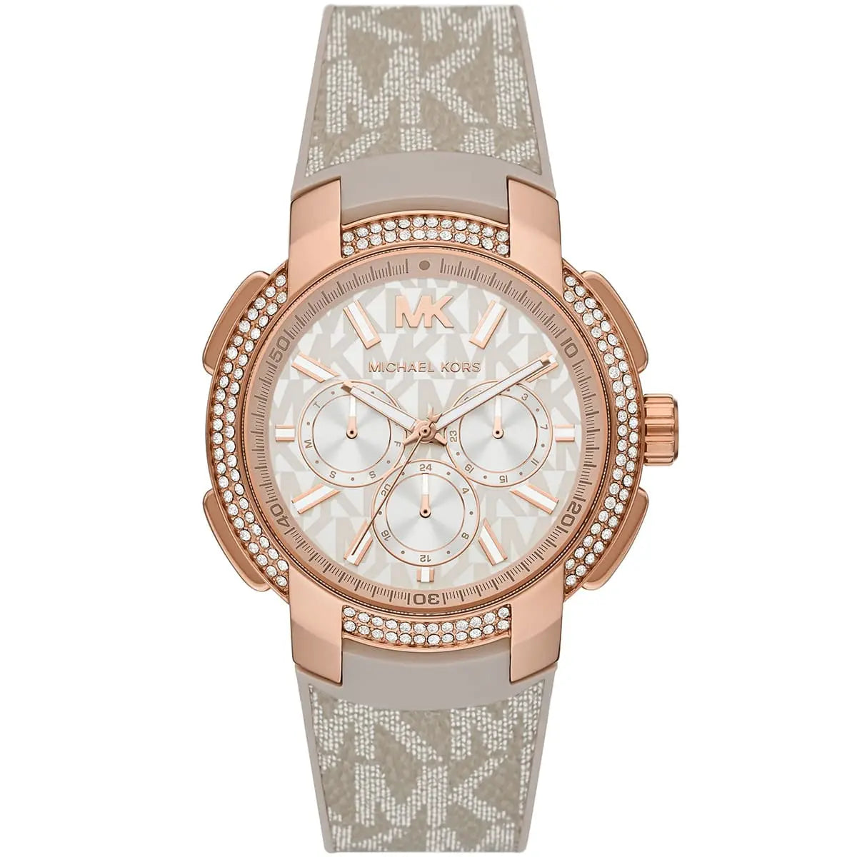 Michael Kors Sidney MK6949 38mm Women's Chronograph Watch – Pavé Rose Gold with Rose Gold Rubber Strap