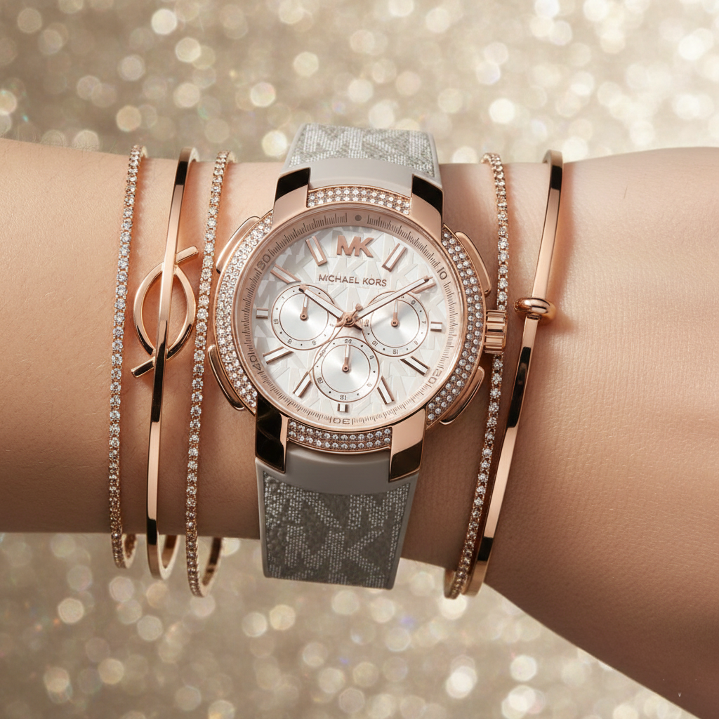 Michael Kors Sidney MK6949 38mm Women's Chronograph Watch – Pavé Rose Gold with Rose Gold Rubber Strap