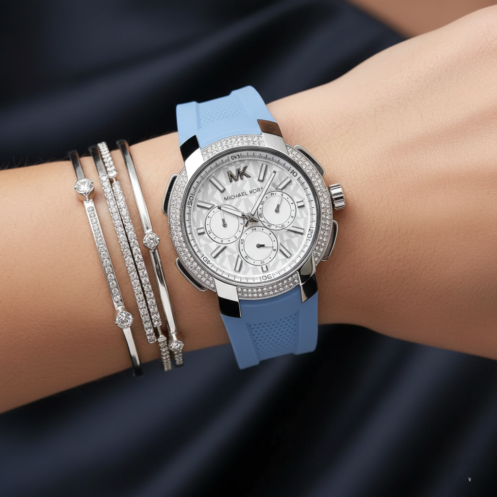 Michael Kors Sidney MK7220 38mm Women's Quartz Watch – Pavé Blue with Blue Rubber Strap