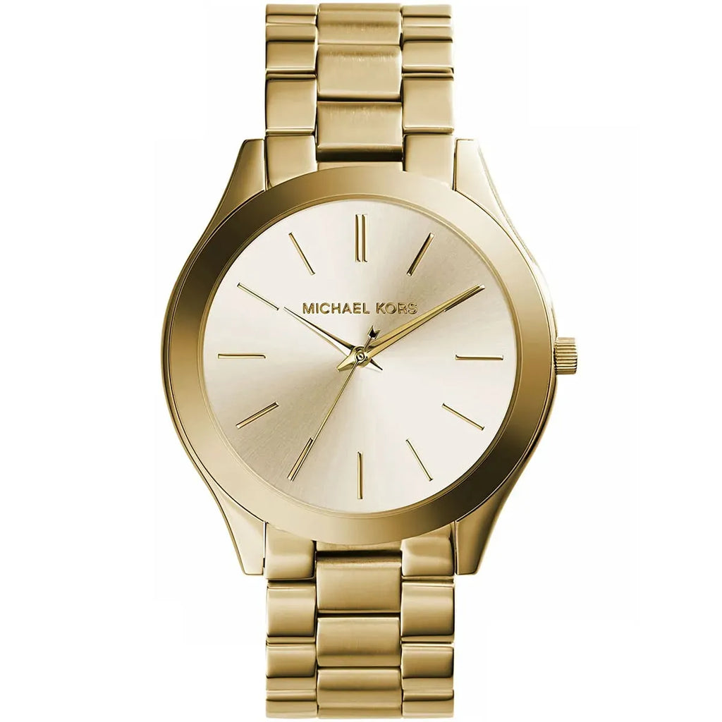 Michael Kors Slim Runway MK3179 42mm Women's Quartz Watch – Sunray Gold with Gold Genuine Leather Strap