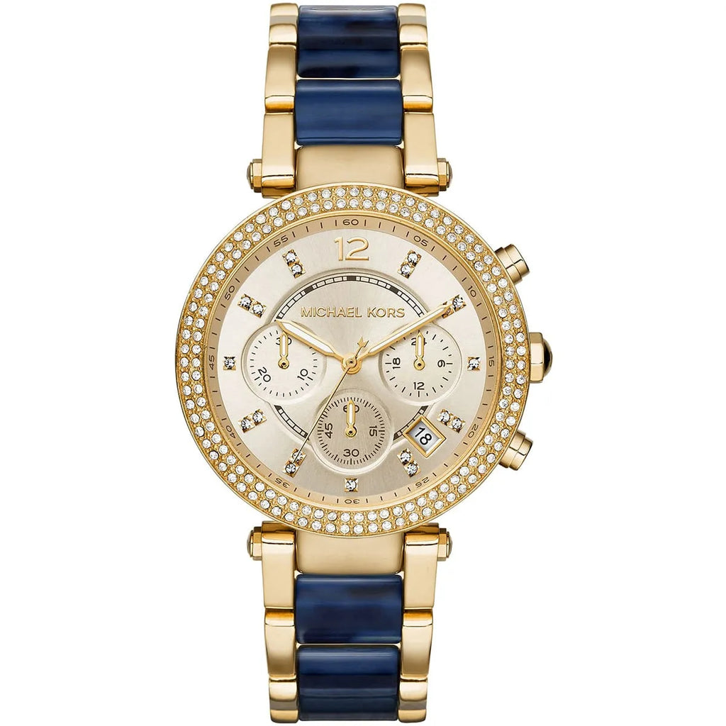 Michael Kors Parker MK6238 39mm Women's Chronograph Watch – Sunray Navy Blue with Navy Blue Acetate and Stainless Steel Bracelet