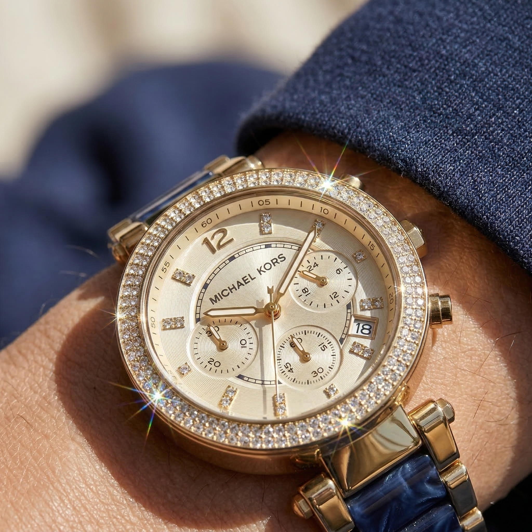 Michael Kors Parker MK6238 39mm Women's Chronograph Watch – Sunray Navy Blue with Navy Blue Acetate and Stainless Steel Bracelet